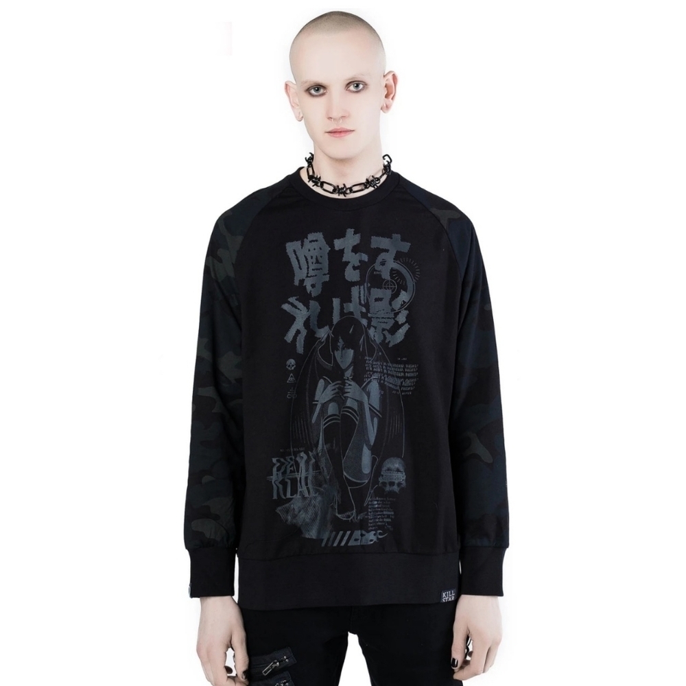 Killstar ✦ Rumour Camo Sweatshirt ✦ Black Pullover Gothic Quote Camo Sleeves M
